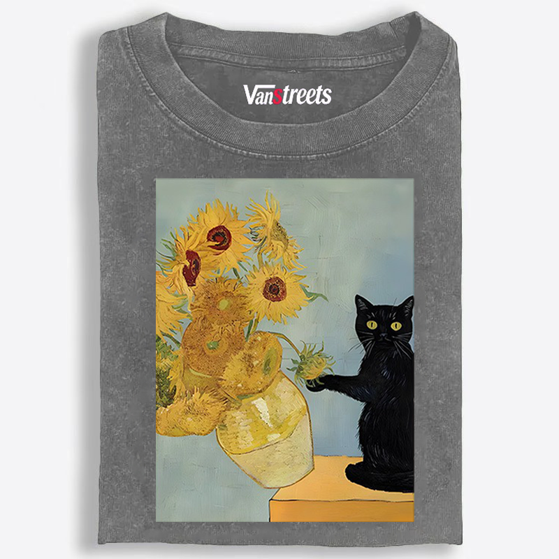 Van Gogh Sunflowers Black Cat Retro Washed T-Shirt | 100% Cotton | Streetwear Essential