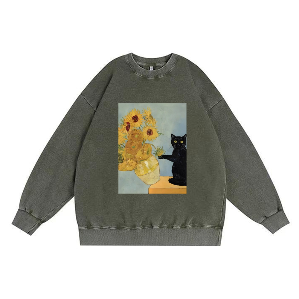 Van Gogh Sunflowers Black Cat Retro Premium Washed Cotton Crewneck Sweatshirt