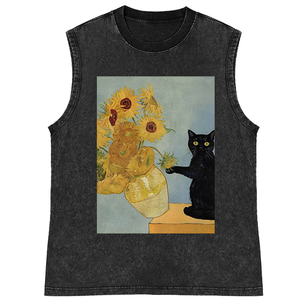 Playful Cat Meets Van Gogh Sunflowers Retro Washed Tank Top