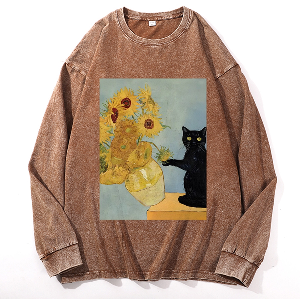 Van Gogh Sunflowers Black Cat Retro Washed Long Sleeve T-Shirt