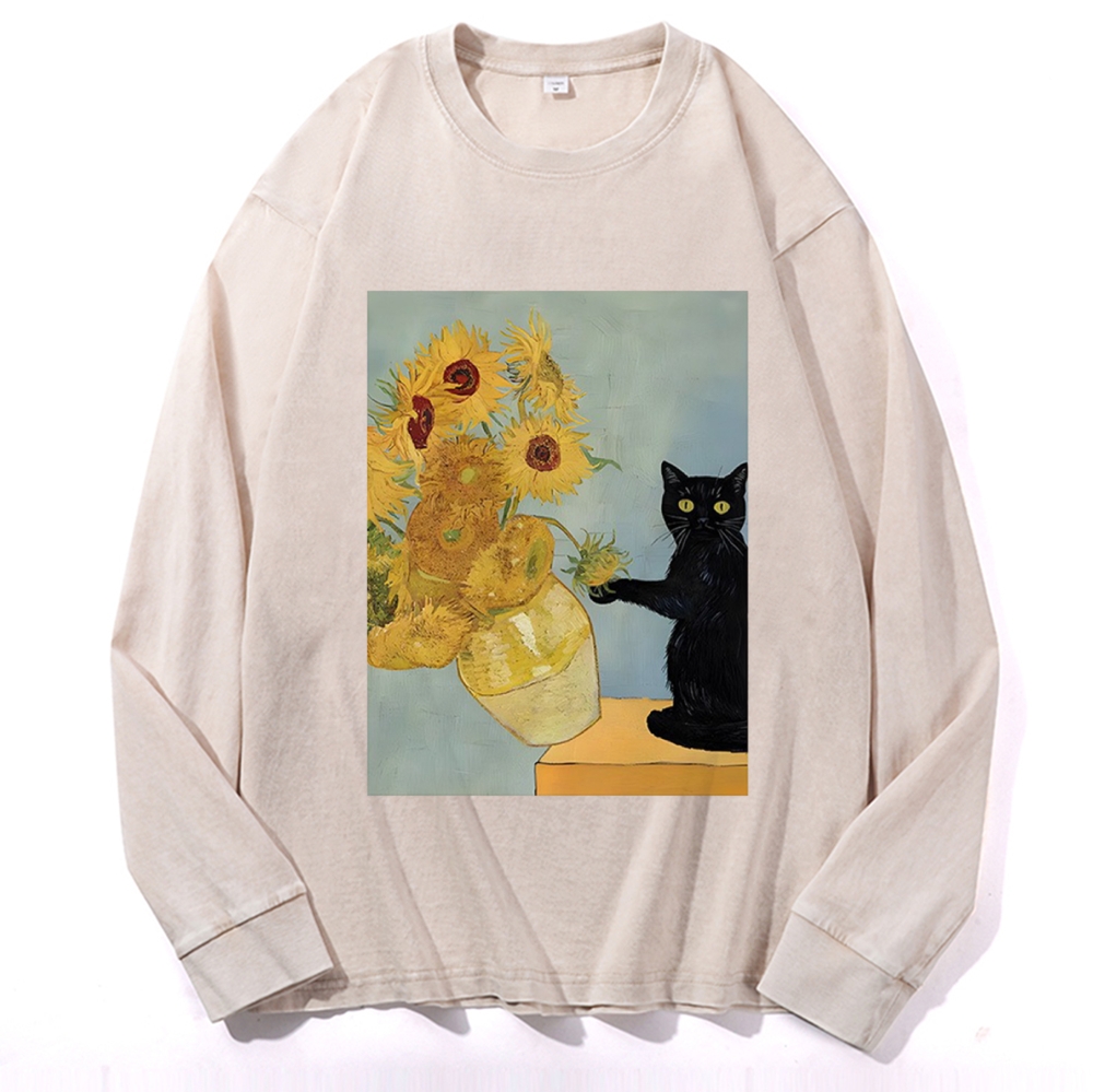 Van Gogh Sunflowers Black Cat Retro Washed Long Sleeve T-Shirt