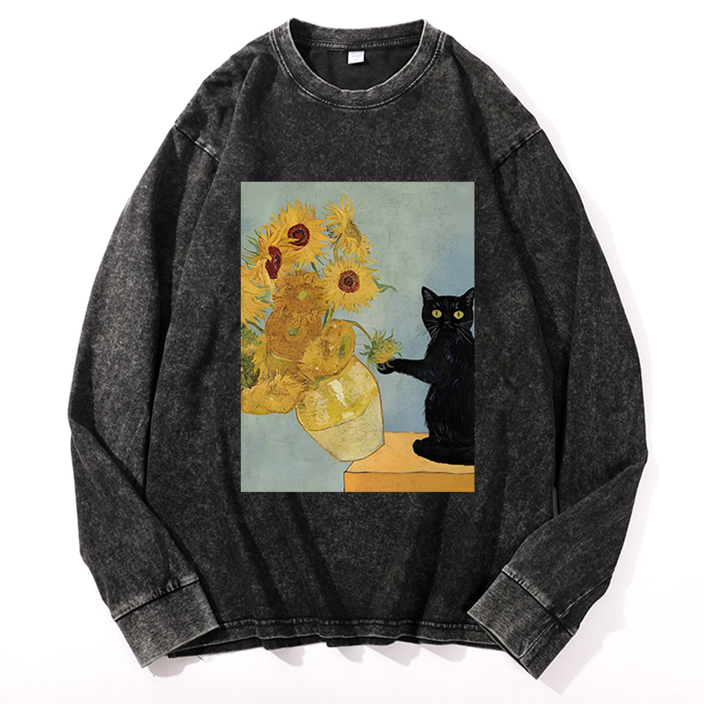 Playful Cat Meets Van Gogh Sunflowers Retro Washed Long Sleeve T-Shirt