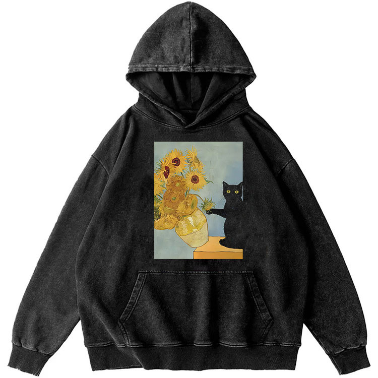 Van Gogh Sunflowers Black Cat Retro Washed Hoodide | 100% Cotton | Streetwear Essential