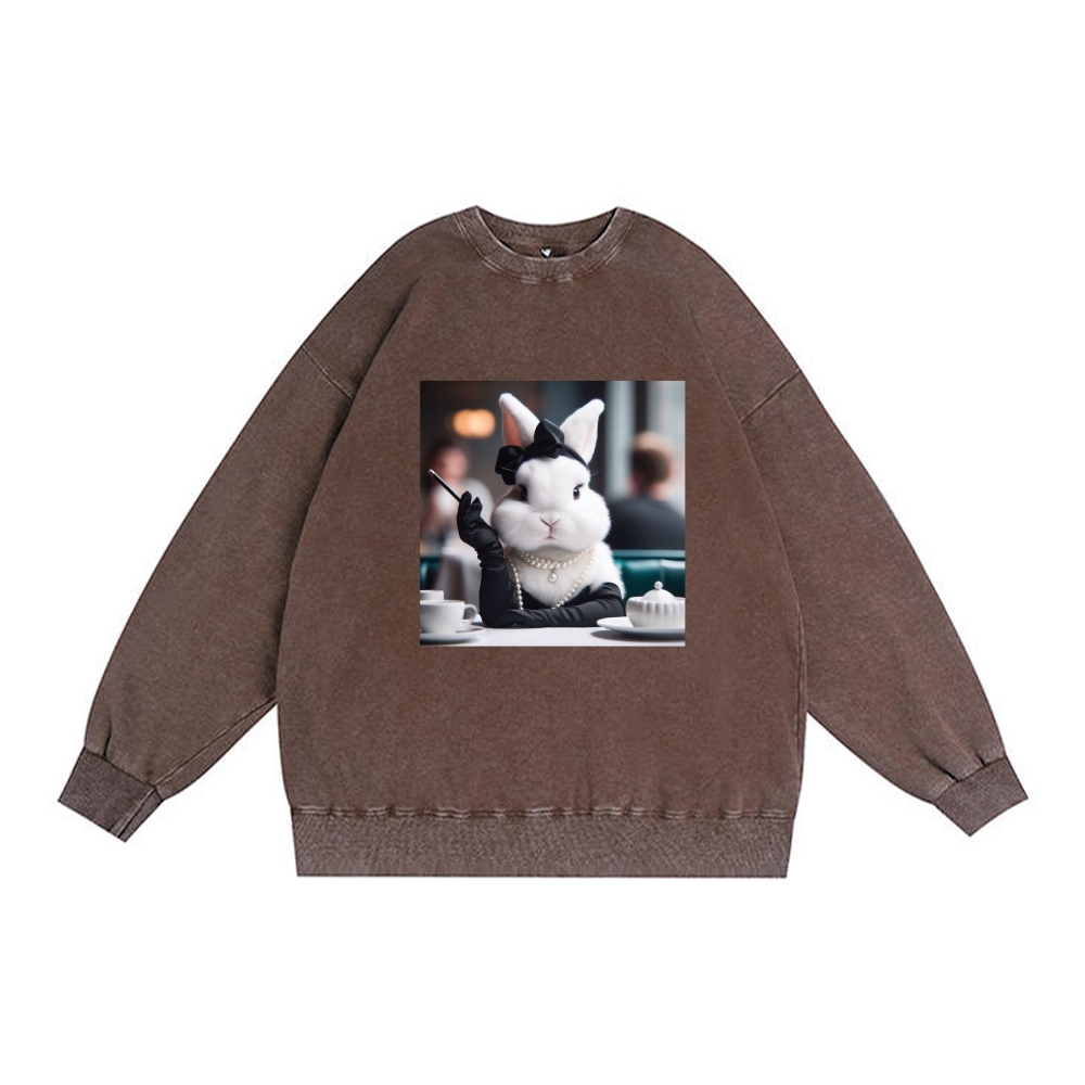 Pearl Bunny · Tea Break Retro Premium Washed Cotton Crewneck Sweatshirt