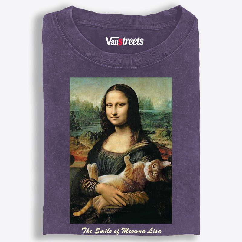 Meowna Lisa Mona Lisa Cat Parody Retro Washed T-Shirt | 100% Cotton | Streetwear Essential