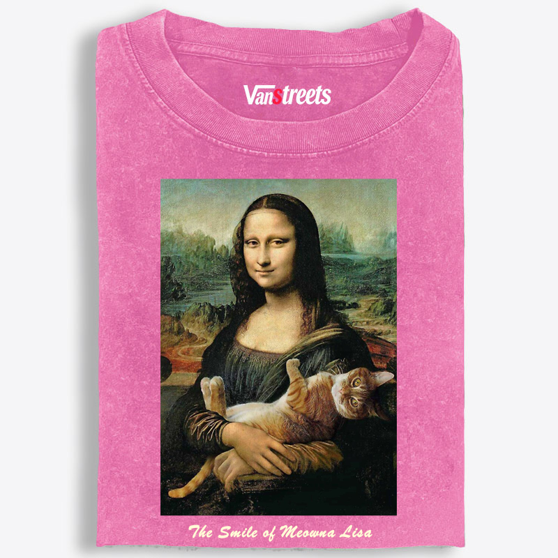 Meowna Lisa Mona Lisa Cat Parody Retro Washed T-Shirt | 100% Cotton | Streetwear Essential
