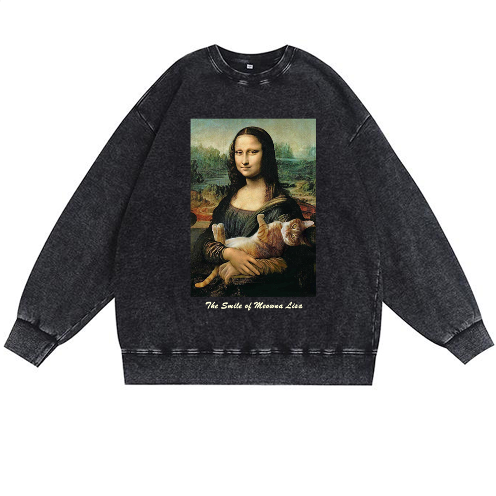 Meowna Lisa Mona Lisa Cat Parody Retro Premium Washed Cotton Crewneck Sweatshirt