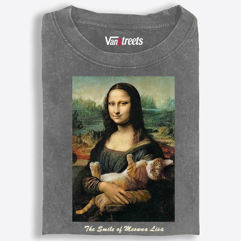 Meowna Lisa Mona Lisa Cat Parody Retro Washed T-Shirt | 100% Cotton | Streetwear Essential
