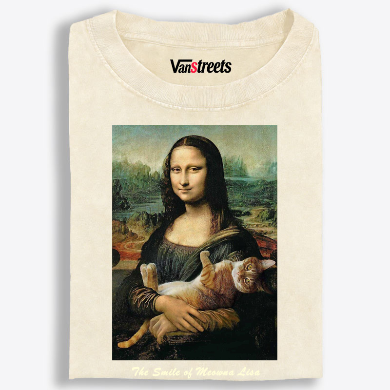 Meowna Lisa Mona Lisa Cat Parody Retro Washed T-Shirt | 100% Cotton | Streetwear Essential
