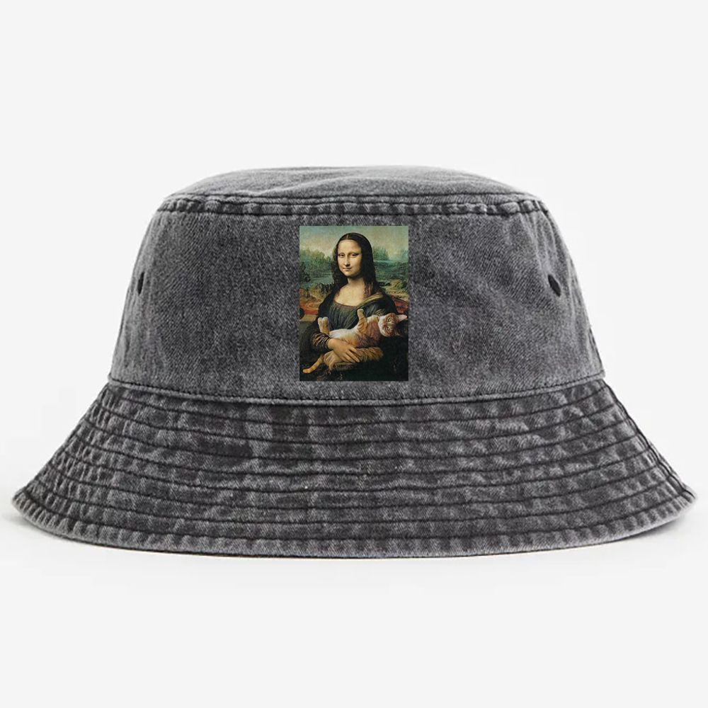 Meowna Lisa Mona Lisa Cat Parody Retro Vintage Washed Bucket Hat