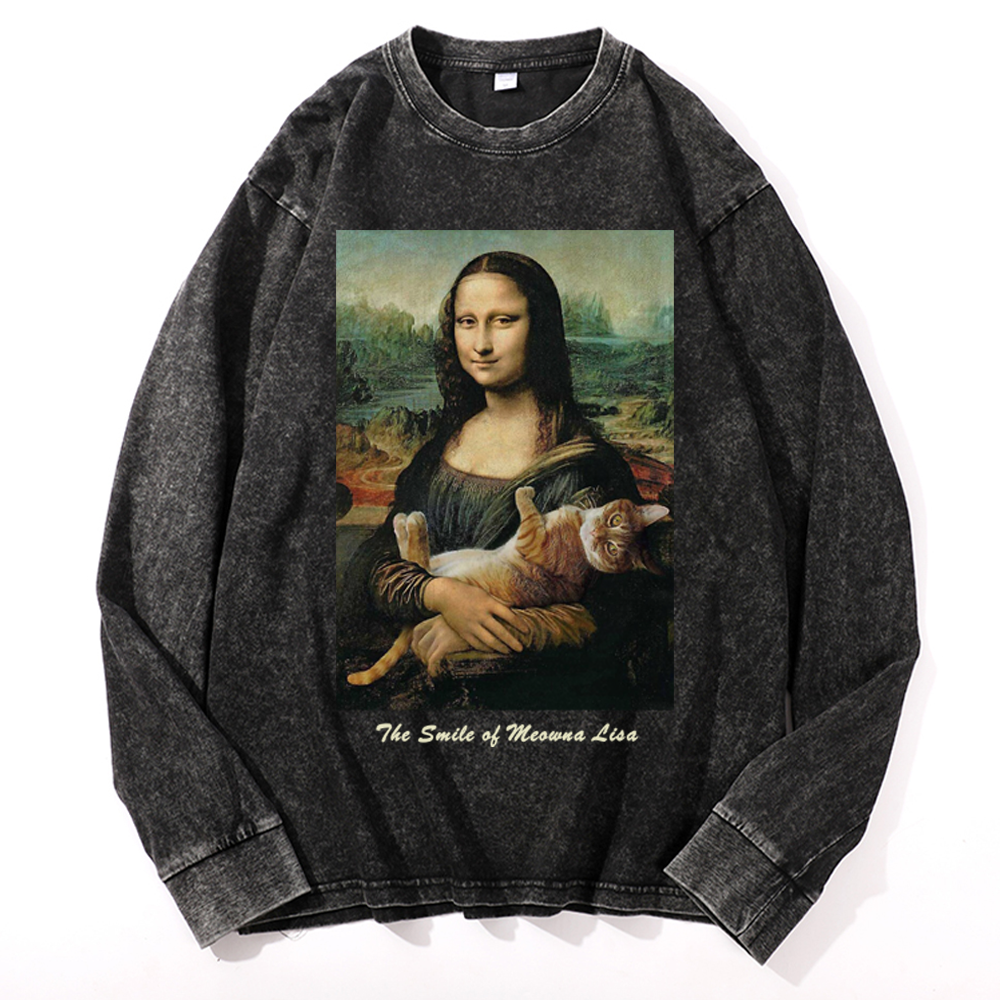 Meowna Lisa Mona Lisa Cat Parody Retro Washed Long Sleeve T-Shirt