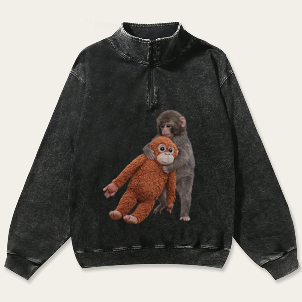 Punch-kun Monkey Meme Graphic Retro Washed Zip-Up Mock Neck Sweatshirt