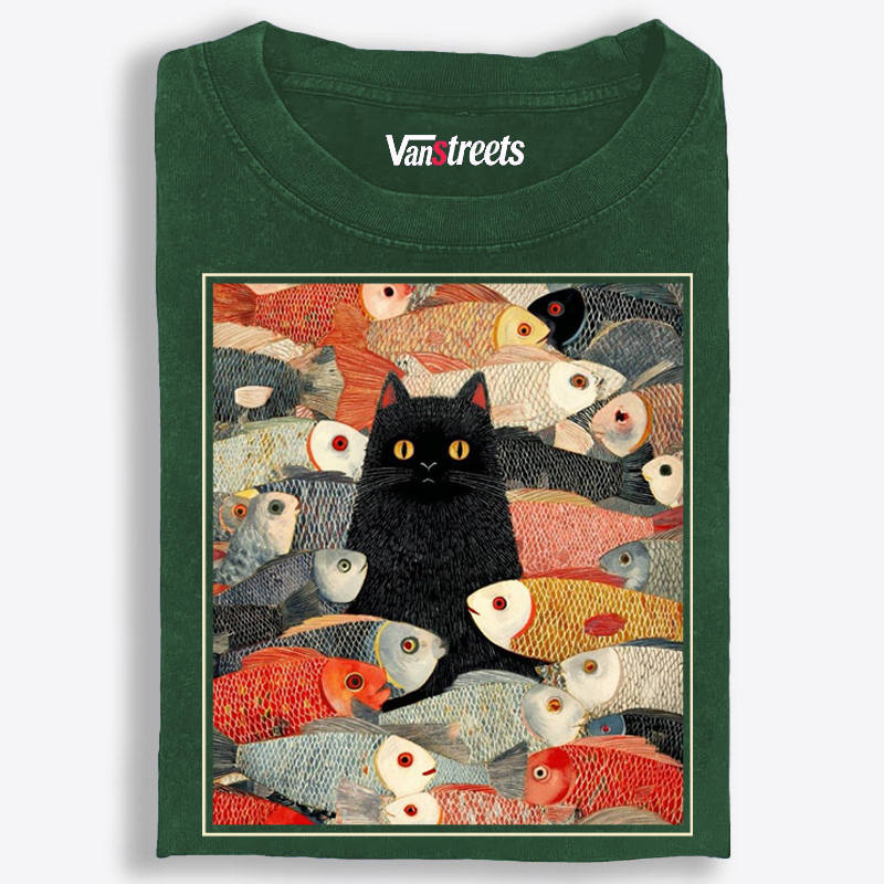 Black Cat Among Fish Art Retro Washed T-Shirt | 100% Cotton | Streetwear Essential