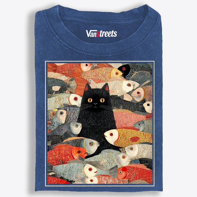 Black Cat Among Fish Art Retro Washed T-Shirt | 100% Cotton | Streetwear Essential