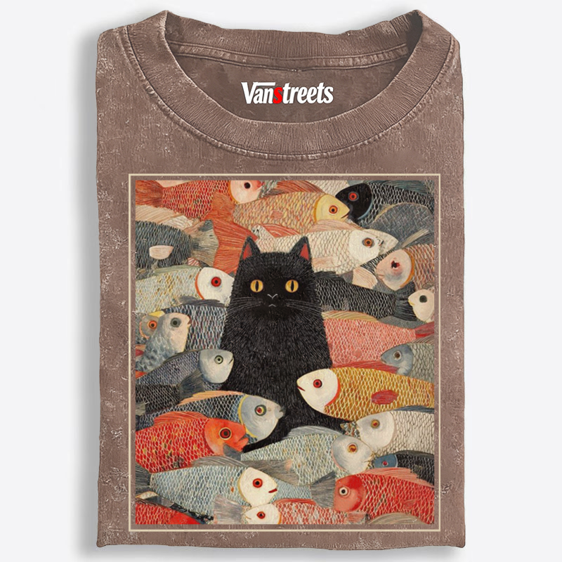 Black Cat Among Fish Art Retro Washed T-Shirt | 100% Cotton | Streetwear Essential