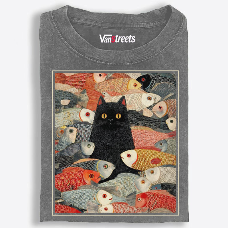 Black Cat Among Fish Art Retro Washed T-Shirt | 100% Cotton | Streetwear Essential