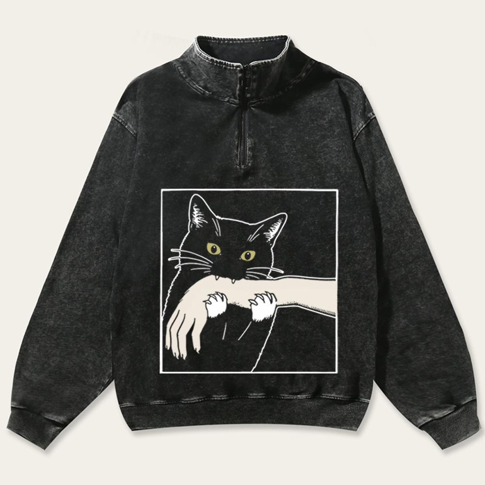 Cat Retro Washed Zip-Up Mock Neck Sweatshirt