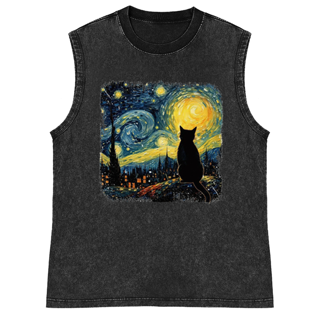 Van Gogh Starry Night CatRetro Washed Tank Top