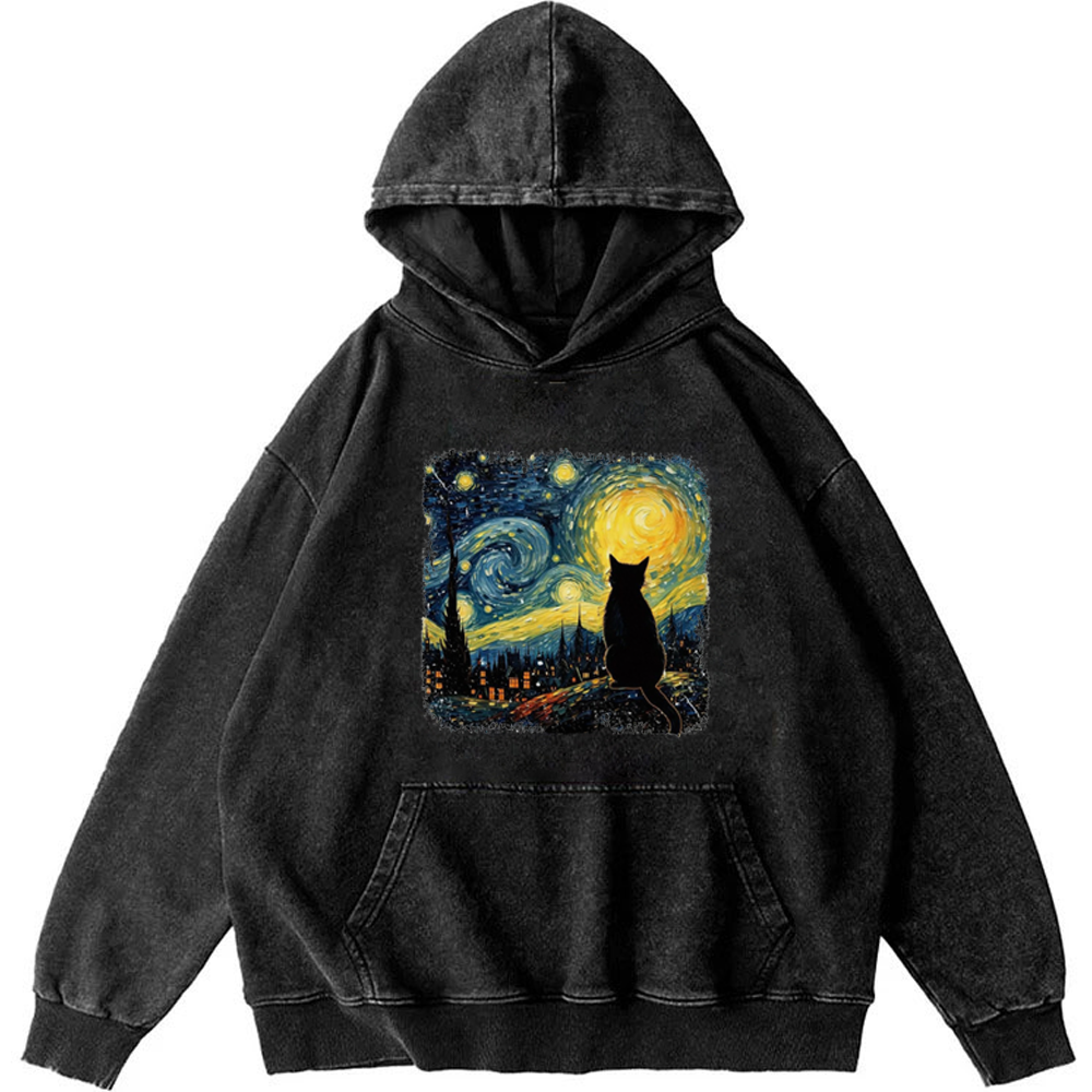 Van Gogh Starry Night CatRetro Washed Hoodie