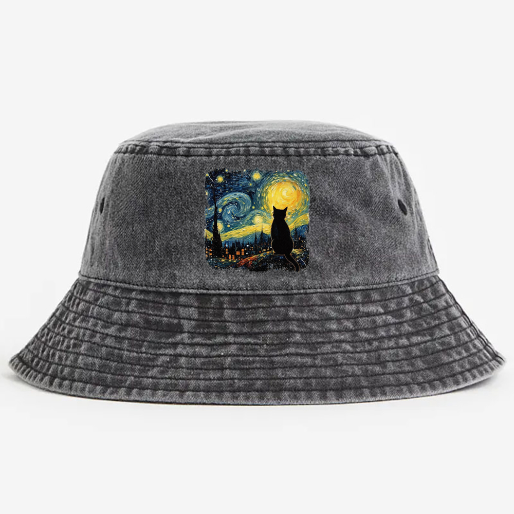 Van Gogh Starry Night CatRetro Vintage Washed Bucket Hat
