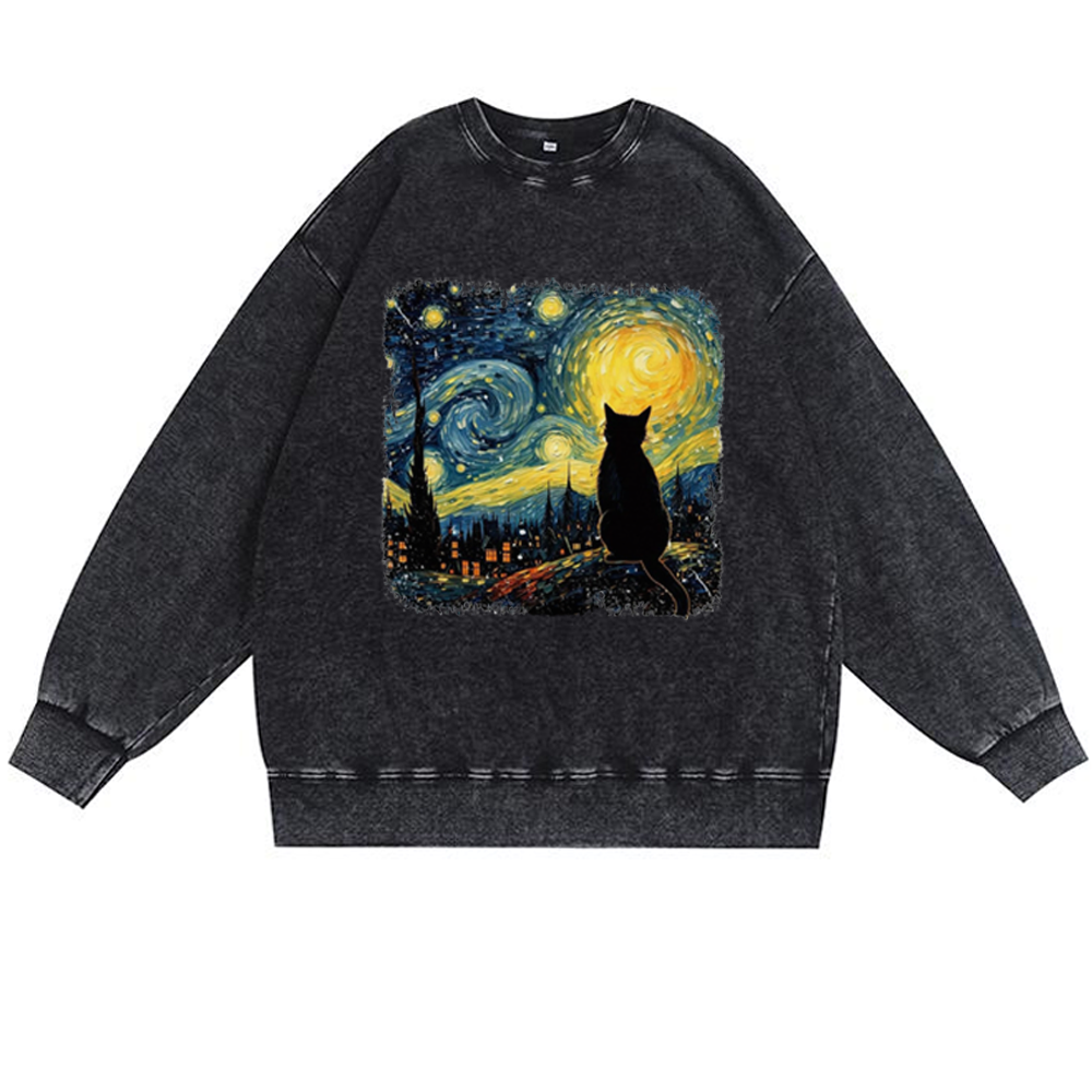 Van Gogh Starry Night CatRetro Premium Washed Cotton Crewneck Sweatshirt