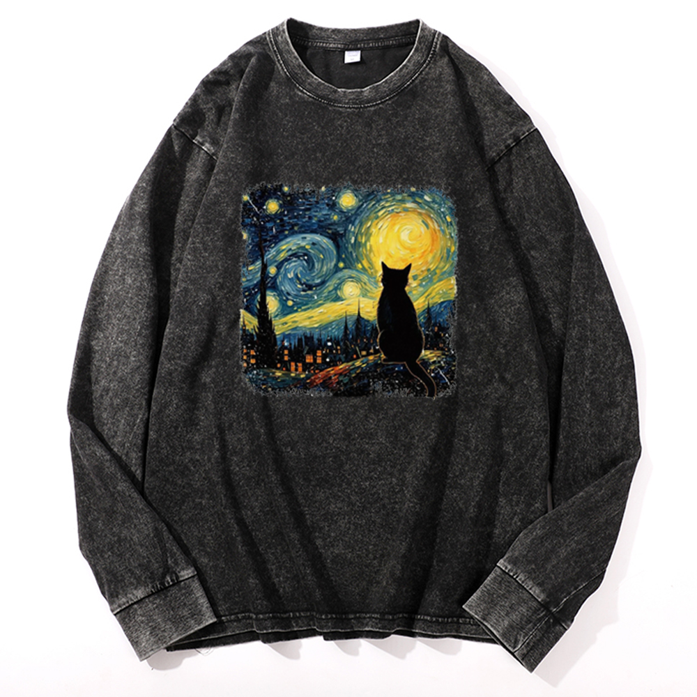 Van Gogh Starry Night CatRetro Washed Long Sleeve T-Shirt