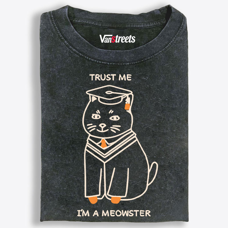 Trust Me I'm a Meowster Graduation Cat Retro Washed T-Shirt | 100% Cotton | Streetwear Essential