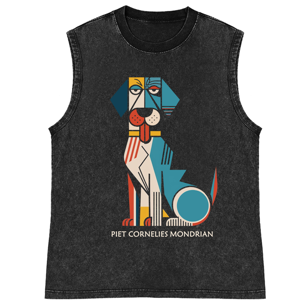 Piet Mondrian Style Dog Art Retro Washed Tank Top