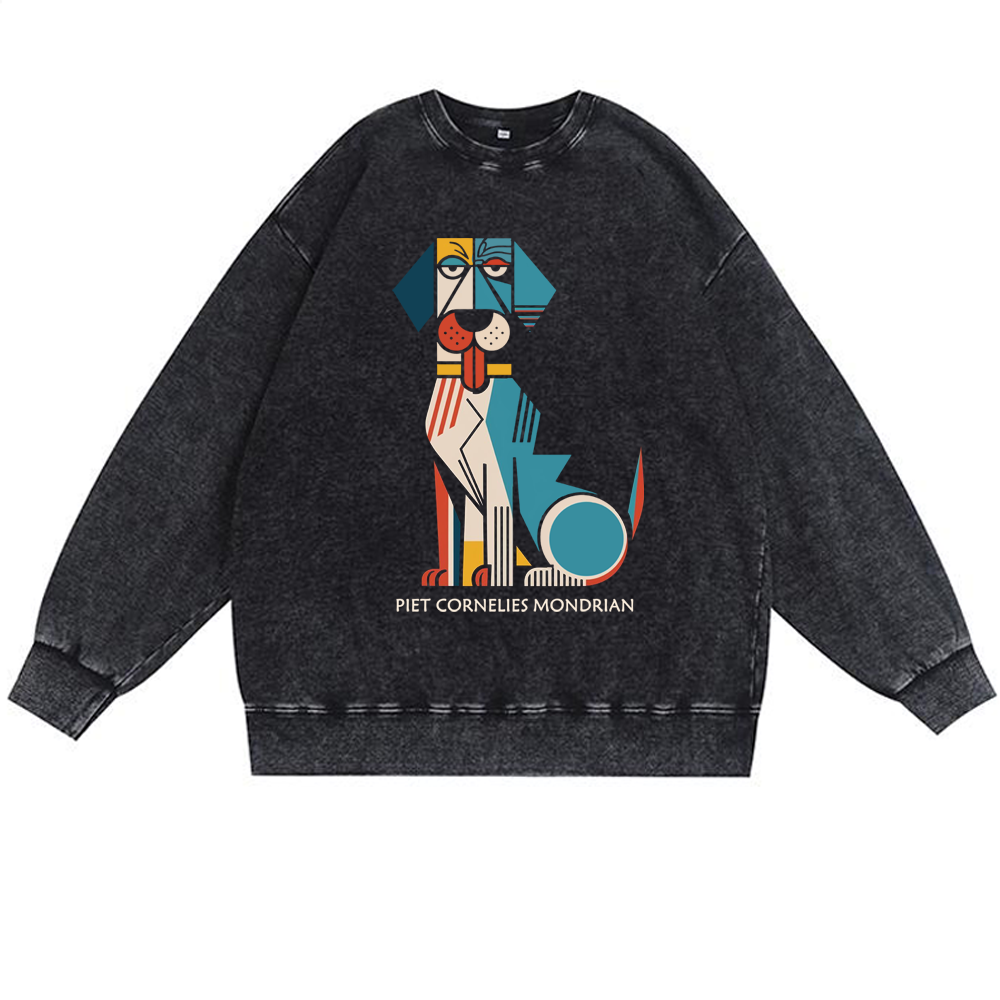 Piet Mondrian Style Dog Art Retro Premium Washed Cotton Crewneck Sweatshirt