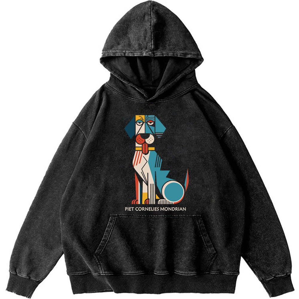 Piet Mondrian Style Dog Art Retro Washed Hoodie