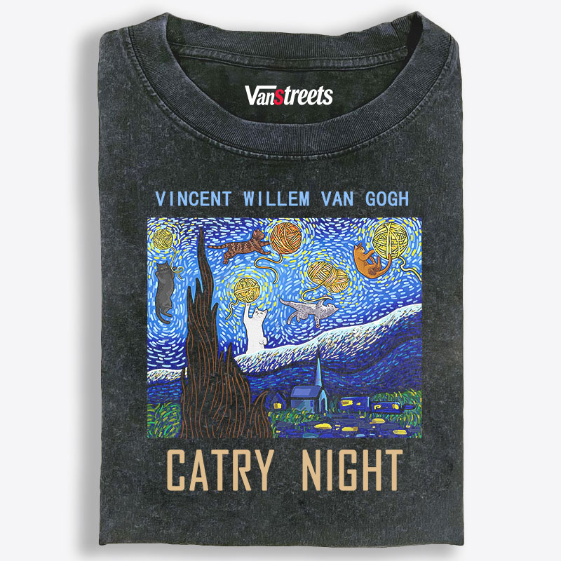 Van Gogh Catry Night Starry Night Cats Retro Washed T-Shirt | 100% Cotton | Streetwear Essential