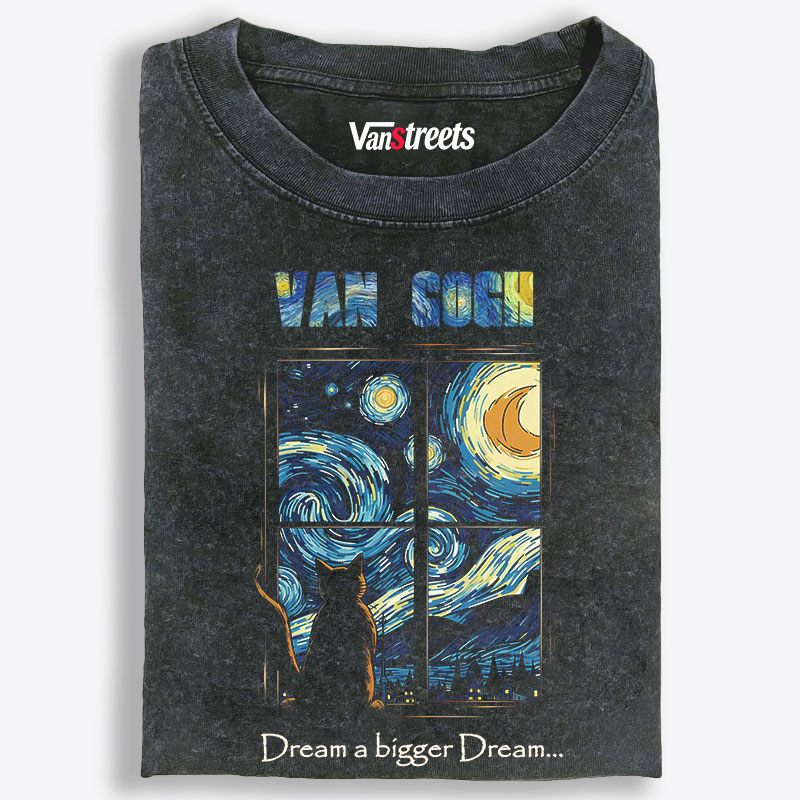 Van Gogh Cat Watching Starry Night Through Window Retro Washed T-Shirt | 100% Cotton | Streetwear Essential