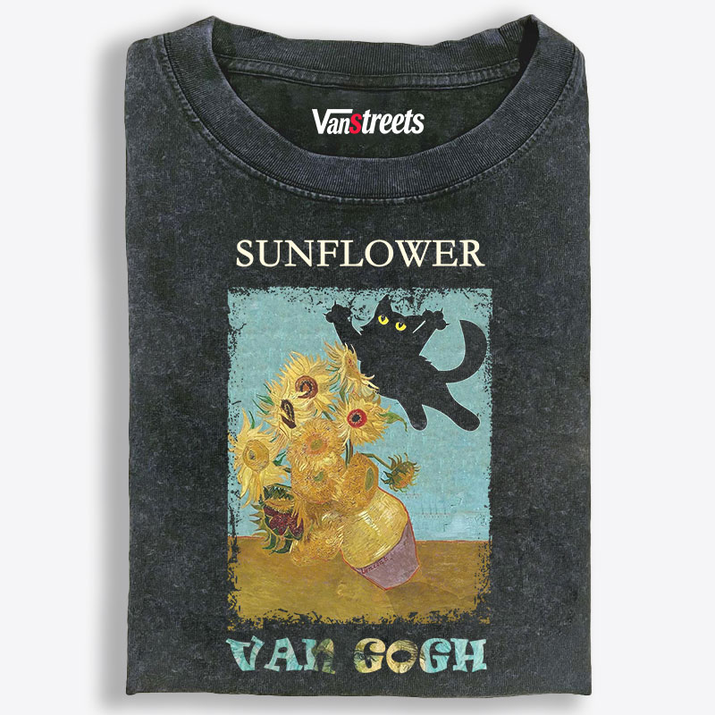 Van Gogh Sunflowers Black Cat Playing Retro Washed T-Shirt | 100% Cotton | Streetwear Essential
