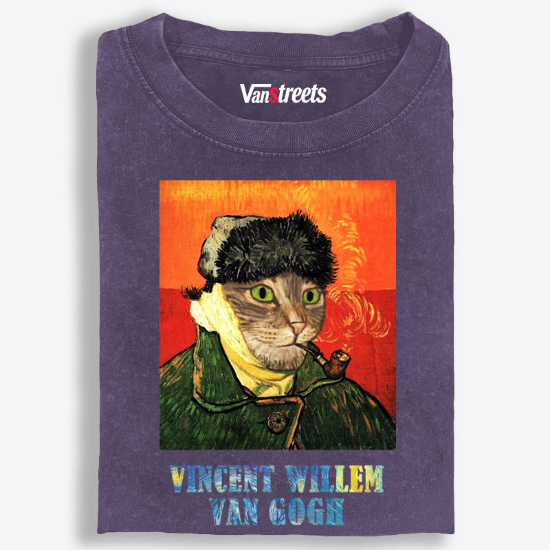 Vincent Willem Van Gogh Cat Self-Portrait Retro Washed T-Shirt | 100% Cotton | Streetwear Essential