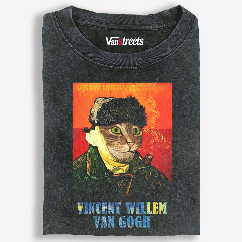 Vincent Willem Van Gogh Cat Self-Portrait Retro Washed T-Shirt | 100% Cotton | Streetwear Essential