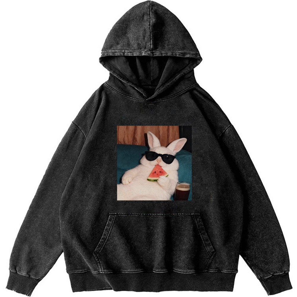 Rabbit Eating Watermelon Sunglasses Retro Washed Hoodie