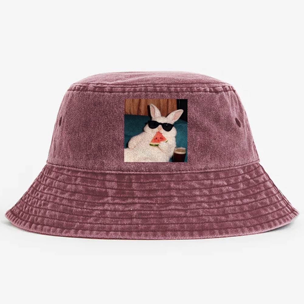Rabbit Eating Watermelon Sunglasses Retro Vintage Washed Bucket Hat