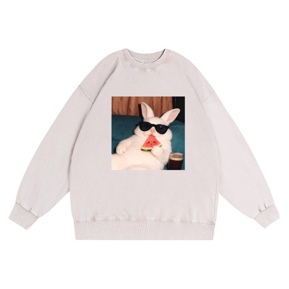 Rabbit Eating Watermelon Sunglasses Retro Premium Washed Cotton Crewneck Sweatshirt
