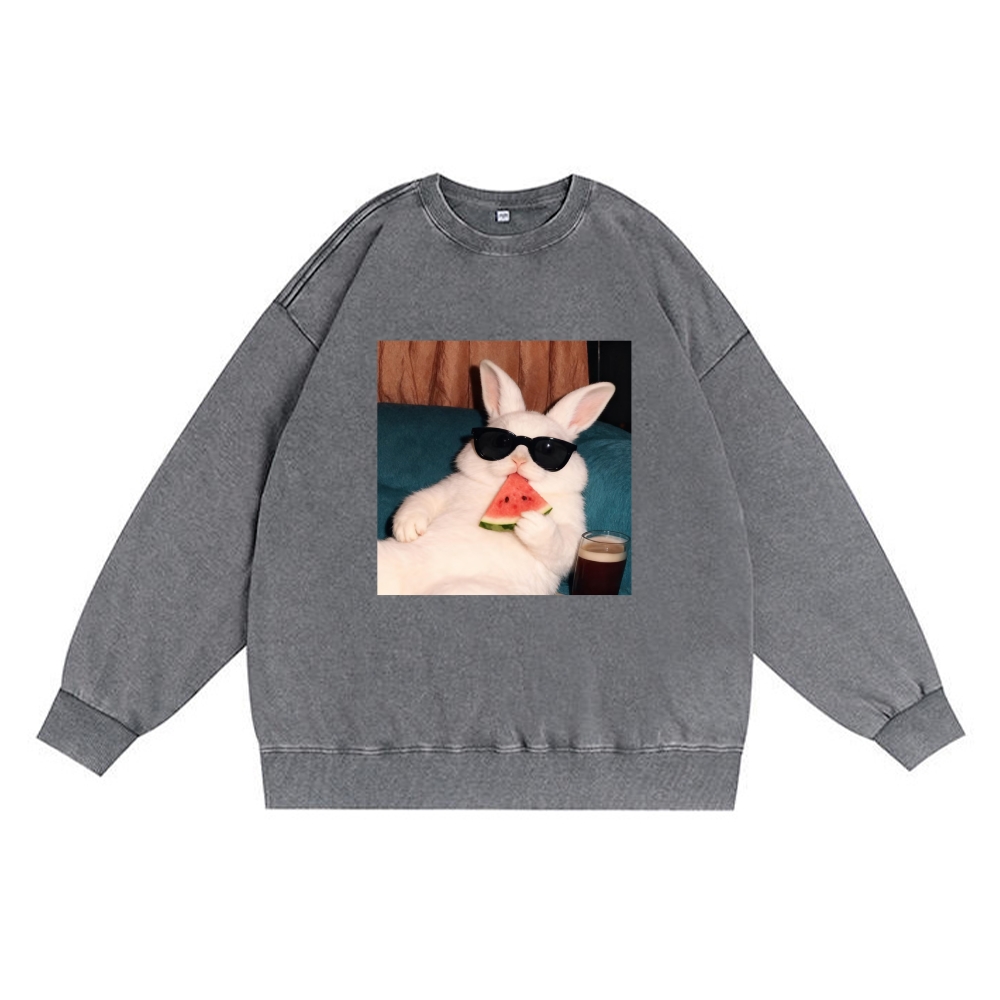 Rabbit Eating Watermelon Sunglasses Retro Premium Washed Cotton Crewneck Sweatshirt