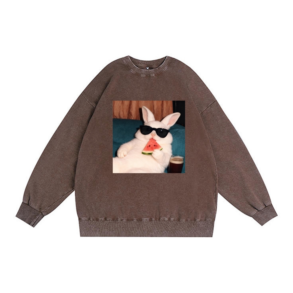 Rabbit Eating Watermelon Sunglasses Retro Premium Washed Cotton Crewneck Sweatshirt
