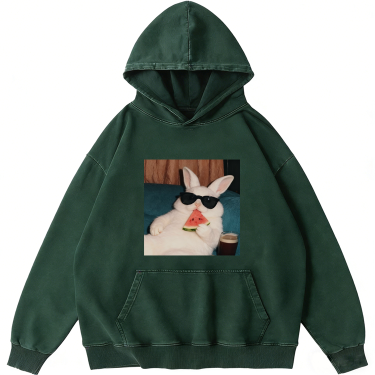 Rabbit Eating Watermelon Sunglasses Retro Washed Hoodie