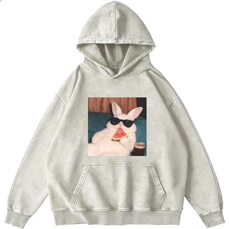 Rabbit Eating Watermelon Sunglasses Retro Washed Hoodie