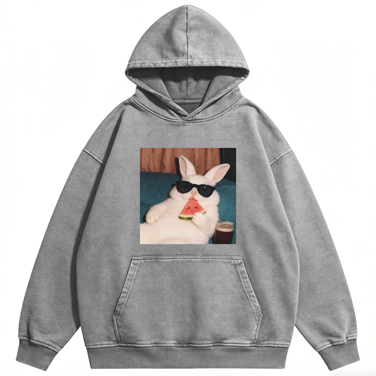Rabbit Eating Watermelon Sunglasses Retro Washed Hoodie