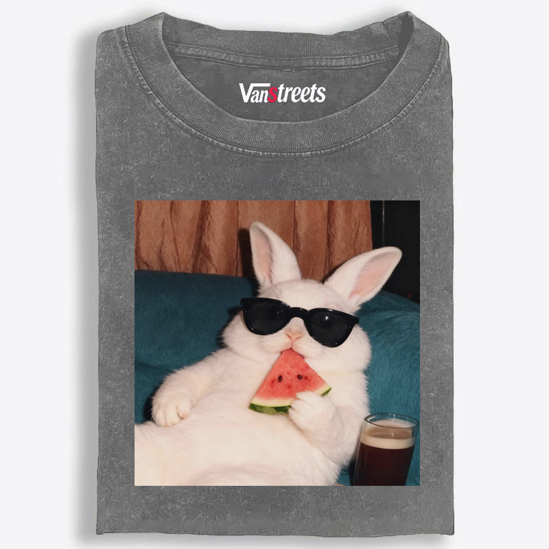 Rabbit Eating Watermelon Sunglasses Retro Washed T-Shirt | 100% Cotton | Streetwear Essential