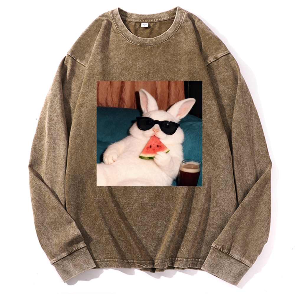 Rabbit Eating Watermelon Sunglasses Retro Washed Long Sleeve T-Shirt