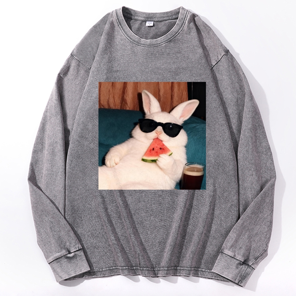 Rabbit Eating Watermelon Sunglasses Retro Washed Long Sleeve T-Shirt