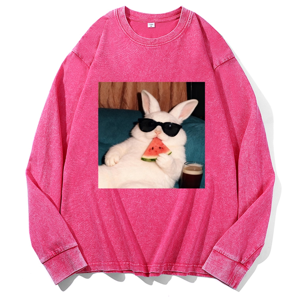 Rabbit Eating Watermelon Sunglasses Retro Washed Long Sleeve T-Shirt