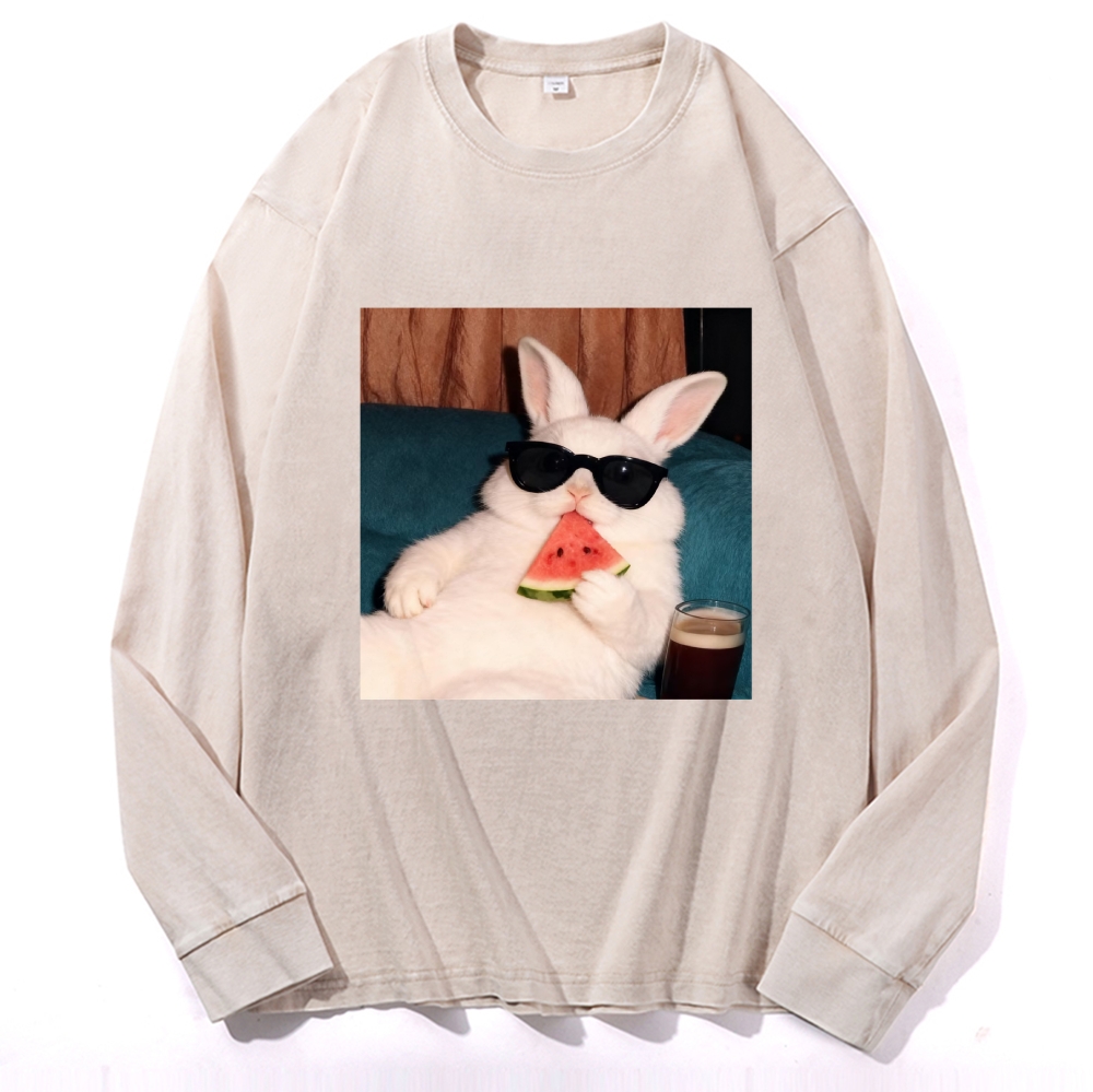 Rabbit Eating Watermelon Sunglasses Retro Washed Long Sleeve T-Shirt