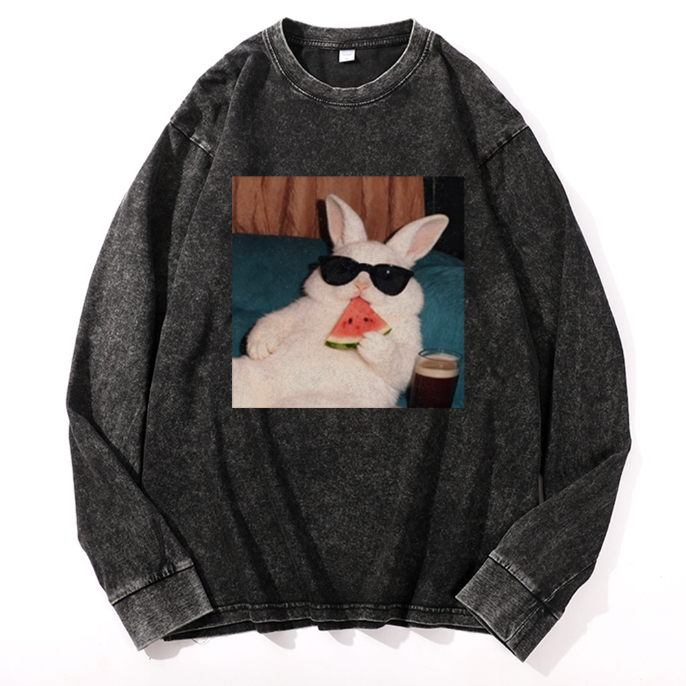 Rabbit Eating Watermelon Sunglasses Retro Washed Long Sleeve T-Shirt