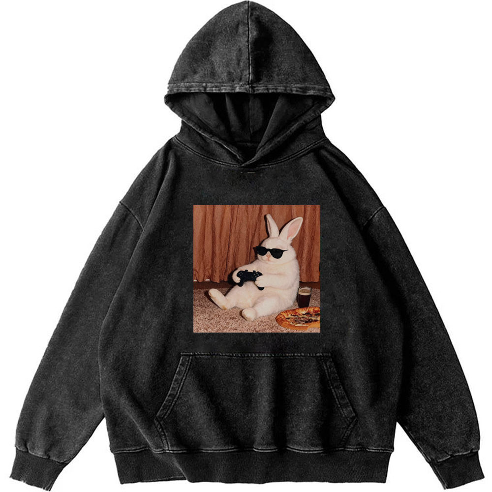 Gamer Rabbit Playing Video Game Retro Washed Hoodie